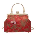 New Chinese style retro kiss-lock handbag red bamboo panda print evening shoulder bag - Wine Red Metal Handle