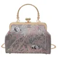Chic Chinese style retro kiss-lock handbag with panda and bamboo brocade design. - Gray Metal Handle