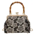 Vintage black embroidered cherry blossom kiss-lock handbag with bamboo handle and chain. - Bamboo Handle / Black