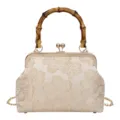 Vintage bamboo handle brocade evening handbag, elegant floral kiss lock shoulder cross body bag. - Bamboo Handle / Khaki