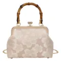 Retro embroidered cherry blossom handbag with bamboo handle and gold chain. Elegant evening bag for women. - Bamboo Handle / Pink