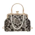 Exquisite vintage evening handbag detail, black floral embroidered lace, elegant pearl strap. - Golden Handle / Black