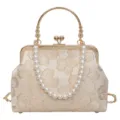 Vintage floral evening handbag with pearl handle, elegant retro shoulder crossbody bag for women. - Golden Handle / Khaki