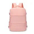 Pink backpack detail view showing front pockets, durable zippers and adjustable straps. - Pink