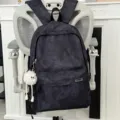 Dark grey tie-dye backpack with plush pendant, casual large capacity school bag for commute. - Long Leg Ball Pendant Style / Black