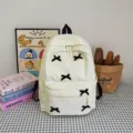 Japanese ins style white corduroy backpack with cute black bow decoration, stylish student bookbag. - 6017 Series / Off White