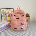 Pink corduroy backpack with cute black bow decorations, sweet Japanese style daily school bag. - 6017 Series / Pink