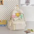 Beige minimalist backpack with cute plush stars and bone charm, versatile student school bag - White Small + Star + Bone