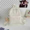 Solid color campus backpack with cute bear pendant, light travel schoolbag for students. - White Small With Khaki Bear