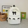 Japanese style white corduroy backpack for women, cute black bow cute school book bag - 6020 Series / Off White
