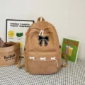 Cute corduroy backpack for women casual daily school bag with sweet bow design daily use. - 6020 Series / Khaki