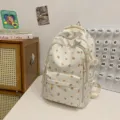 Japanese floral campus backpack, white orange print school bag, casual student travel daypack. - Orange
