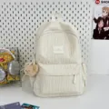 Solid color pleated school backpack with cute bear pendant, casual daily travel small daypack. - White Large And Small With Khaki Bear