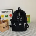 Black corduroy backpack with white bow decorations, cute daily school bag for women and teens. - 6020 Series / Black