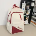 Retro college style canvas backpack, large capacity school bookbag for students, beige and red. - 88189#White and Red