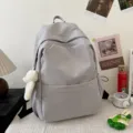 Grey casual large capacity backpack, stylish solid color school bag for daily commute and travel. - Gray & Blush Bear