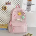 Pink student backpack with cute plush stars and bone decoration for daily casual wear. - Pink Large + Star + Bone