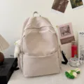 Minimalist solid color large capacity backpack, casual school bag for daily commute and travel. - Beige & Blush Bear