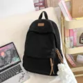 Black corduroy backpack student schoolbag casual daypack with cute bear pendant for girls - Black with Blush Bear Pendant