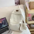 White corduroy school backpack for teen girls, large capacity casual daypack with bear pendant. - White with Blush Bear Pendant