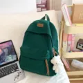 Green corduroy backpack for women and students, large capacity casual daily school bag with bear. - Green with Blush Bear Pendant