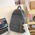 Grey corduroy school backpack large capacity student ins style travel casual daypack bag - Gray with Blush Bear Pendant