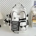 Utility style student backpack large capacity lightweight school bag for teenagers daily use - White + Plaid Rabbit Pendant