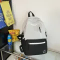 Contrast color campus backpack for students, stylish minimalist casual laptop school bag. - Black