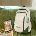 Large capacity school backpack for girls, white and green multi-pocket daily casual bag - White