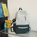 Color block campus backpack for women and students, casual daily laptop bag with nice design. - Green with Fur Ball