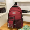 Red large capacity school backpack for students, multi-pocket stylish casual daypack. - Red