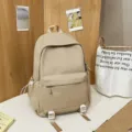 Simple solid color casual backpack with large capacity, perfect for daily school and travel. - Khaki