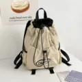 Beige and black drawstring backpack, lightweight nylon casual daypack with front pocket. - S / Off White