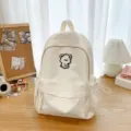 White casual backpack for students, cute bear patch school bag, minimalist daily daypack - S / White