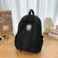 Black canvas school backpack with cute bear patch, casual daily daypack for students. - S / Black