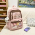 Joli sac à dos Ita transparent de style japonais pour filles, cartable scolaire adorable. - Ensemble Badge Carte et Pendentif / Rose