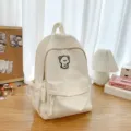 Minimalist white school backpack for students, cute bear patch, casual daily daypack. - L / White