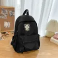 Cute black canvas backpack for students, stylish casual school bag with bear patch. - L / Black