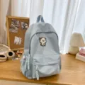 Light blue student backpack with cute bear patch, simple ins style casual school bag for girls. - L / Blue
