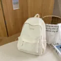 Casual white canvas backpack for women school student daily travel light daypack - White