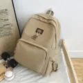 Casual canvas backpack large capacity school bag for students stylish solid color bookbag - Khaki