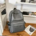 Gray PU Leather Backpack Minimalist Casual School Bag Laptop Daypack for Women Daily - Gray