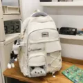 White multi-pocket school backpack, large capacity casual daily book bag for students in white. - White + Trendy Bear