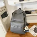Grey PU leather waterproof backpack for women, stylish minimalist school bag with cute dog pendant. - Pendant Style / Gray