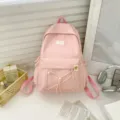 Pink casual solid color school backpack, lightweight minimalist daily daypack for students. - Pink