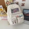 Japanese cute aesthetic student backpack with transparent window and multiple pockets. - White