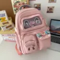 Pink cute aesthetic student backpack large capacity school bag with pins and transparent pocket - Pink