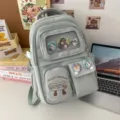 Japanese style cute large capacity canvas school backpack with clear pocket for students - Green
