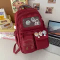 Red canvas student backpack with clear window, large capacity casual daypack for school. - Red