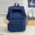Solid color nylon school backpack for women, casual Korean style lightweight daypack for daily. - Blue with Bear Pendant